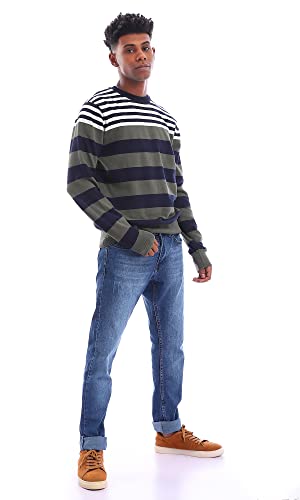 Ravin 96280 Striped Long Sleeves Pullover - Olive, White & Navy Blue, Multicolor, XL