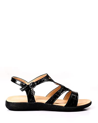 Dejavu Patterned Buckled Flat Sandal Blk-Snk