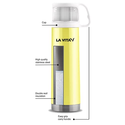 Lavita - Stainless Steel Thermos 0.50 Liter with Transparent Cup and Handle - Yellow