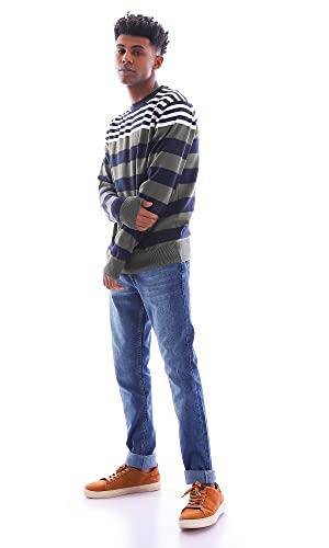 Ravin 96280 Striped Long Sleeves Pullover - Olive, White & Navy Blue, Multicolor, XL