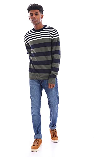 Ravin 96280 Striped Long Sleeves Pullover - Olive, White & Navy Blue, Multicolor, XL