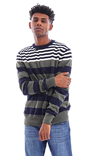 Ravin 96280 Striped Long Sleeves Pullover - Olive, White & Navy Blue, Multicolor, XL