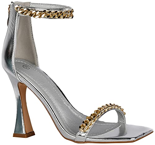 Pixi Faux Leather Square-Toe Chain-Detail Ankle-Strap Heel Sandals for Women