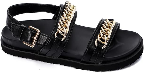 Dejavu Women's Flat Sandal with Golden Chain Accessory and Buckle Strap