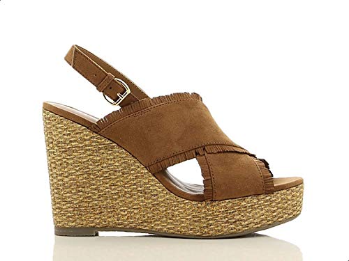 Sprox Criss Cross Strap Raffia Sole Wedge Sandals for Women - Camel