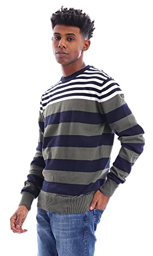 Ravin 96280 Striped Long Sleeves Pullover - Olive, White & Navy Blue, Multicolor, XL