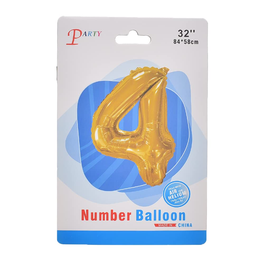 Large Foil Balloon with Number Four Design for Party and Birthday - 32 Inches, Gold