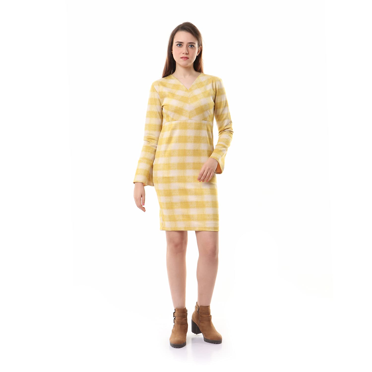 Andora Women's V-Neck Long Sleeves Plaid Dress - Light Yellow Casual Dress