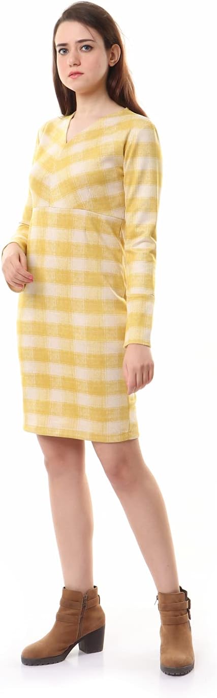 Andora Women's V-Neck Long Sleeves Plaid Dress - Light Yellow Casual Dress