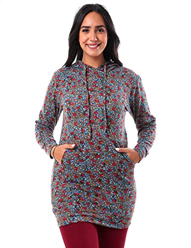 Jamila Women's Cotton Floral Pattern Kangaroo Pocket Longline Hoodie