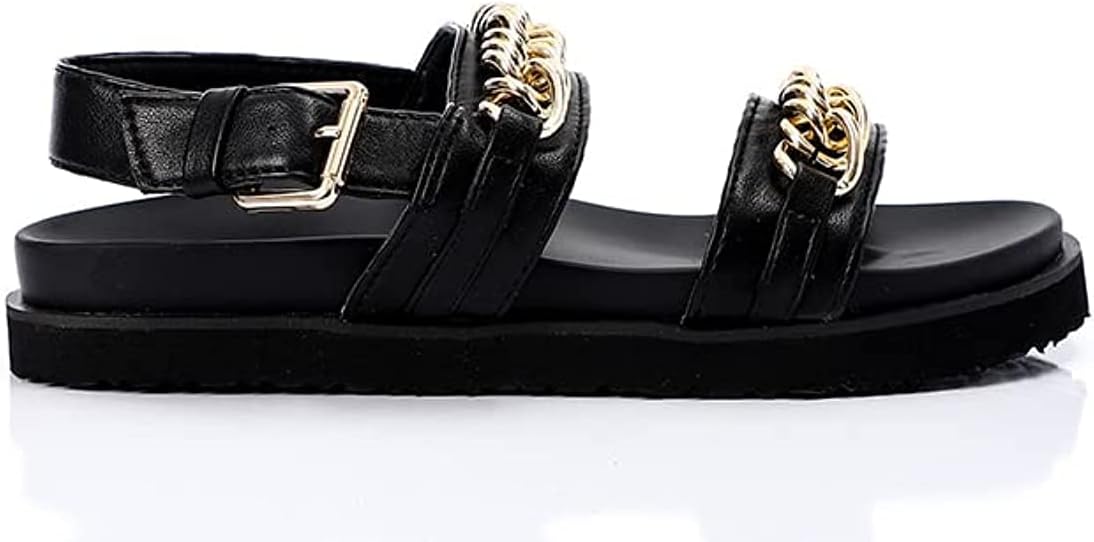 Dejavu Women's Flat Sandal with Golden Chain Accessory and Buckle Strap