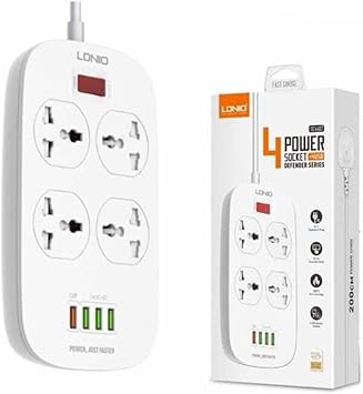 مشترك كهرباء LDNIO Defender Series مع 4 مقابس و4 منافذ USB (18 واط) - أبيض
