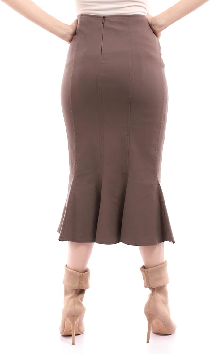 esla_Zipped Back Taupe Midi Ruffle Skirt