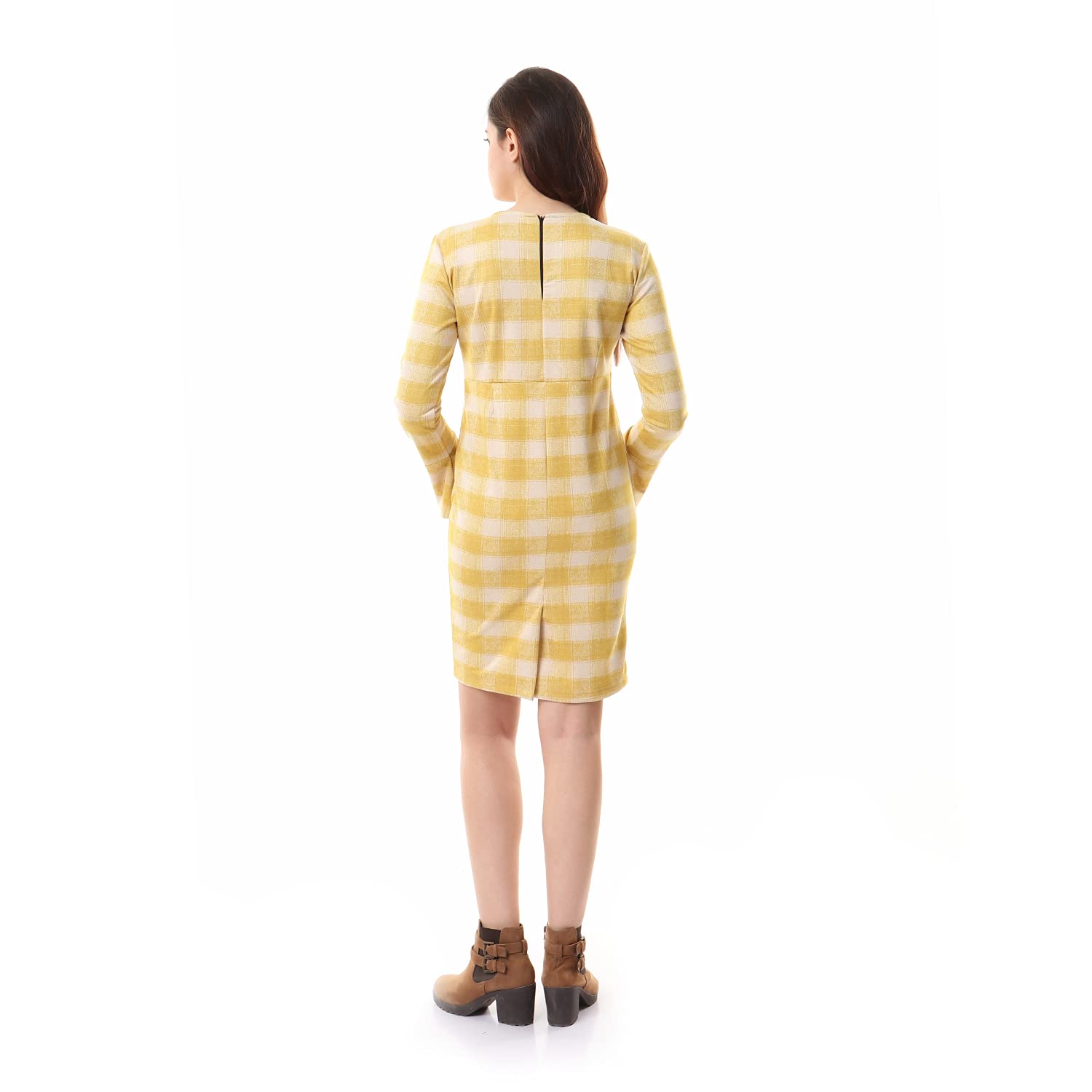 Andora Women's V-Neck Long Sleeves Plaid Dress - Light Yellow Casual Dress