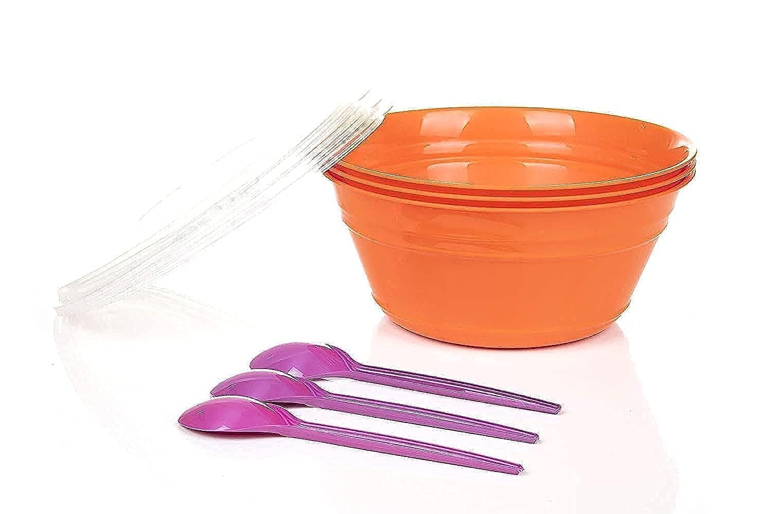 Mintra Round Plastic Food Storage Containers with Lids - 3 Pieces, Orange with 3 Plastic Spoons, Orange