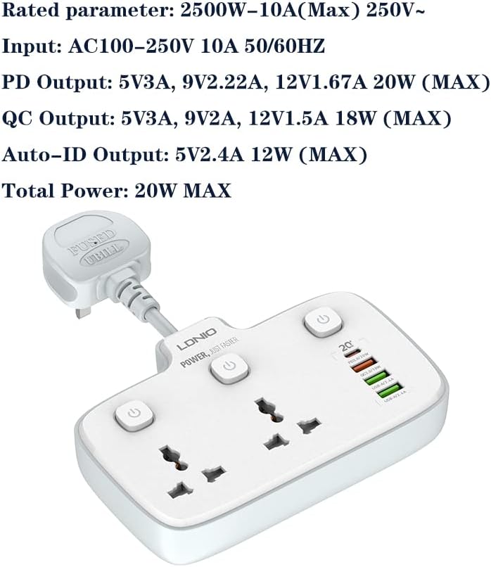 LDNIO SC2413 Universal Power Strip USB Outlet Extension Cord Adapter Wall Charger Surge Protector Socket With 4 USB Ports - White