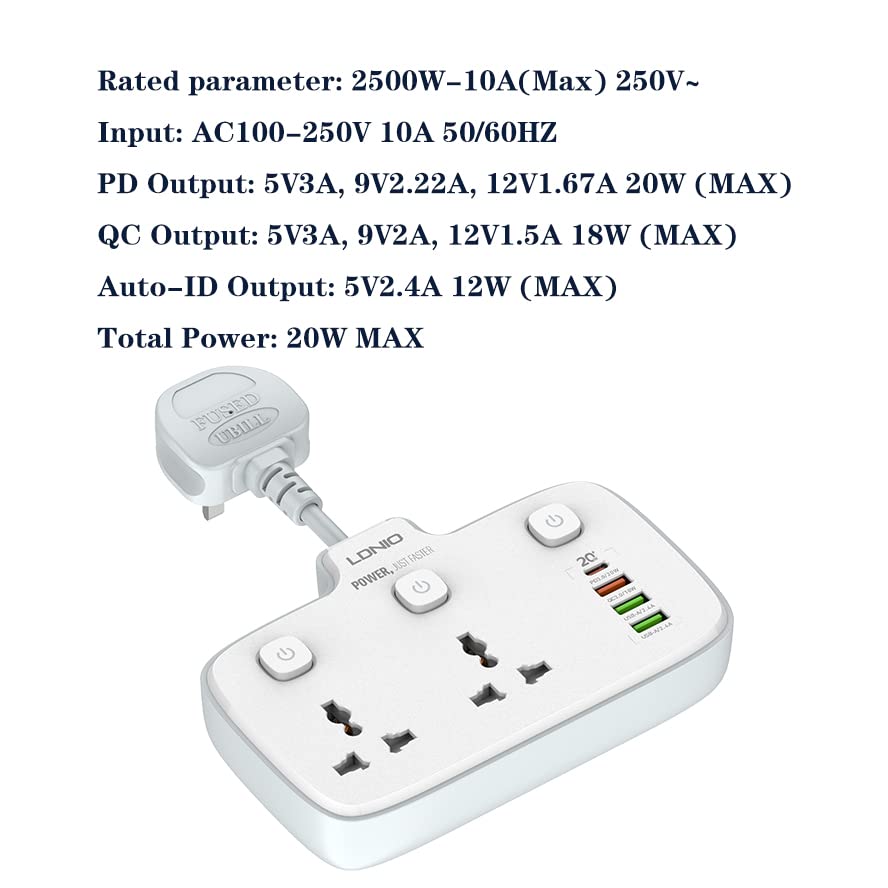 LDNIO SC2413 Universal Power Strip USB Outlet Extension Cord Adapter Wall Charger Surge Protector Socket With 4 USB Ports - White