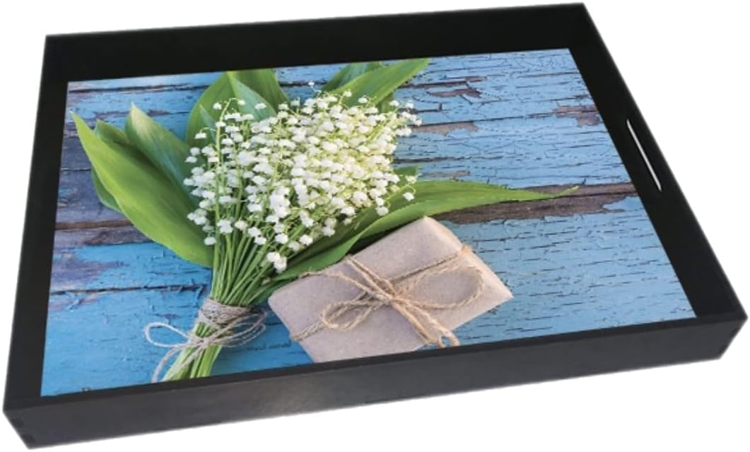 Wooden Rectangle Tray with Flower Design and Handle for Serving - 40x30 CM, Multi Color