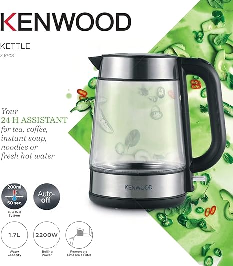 Kenwood Electric Glass Kettle 1.7L Capacity – 2200W With Auto Shut-Off & Removable Mesh Filter, Clear/Silver/Black – ZJG08.000CL