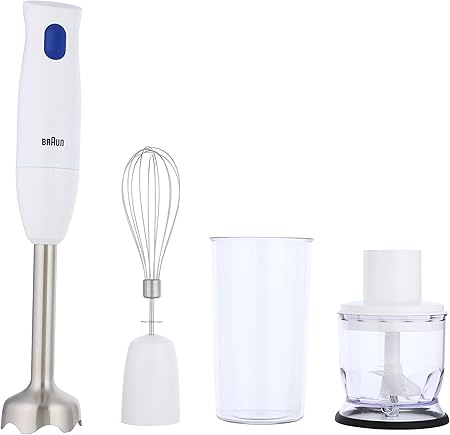 Braun MQ10.202M MultiQuick 1 Hand Blender - Extra Light Purée Stick with Stainless Steel Mixing Base and EasyTwist System, Includes Chopper, Whisk and 600 ml Mixing and Measuring Cup, 450 Watt, White