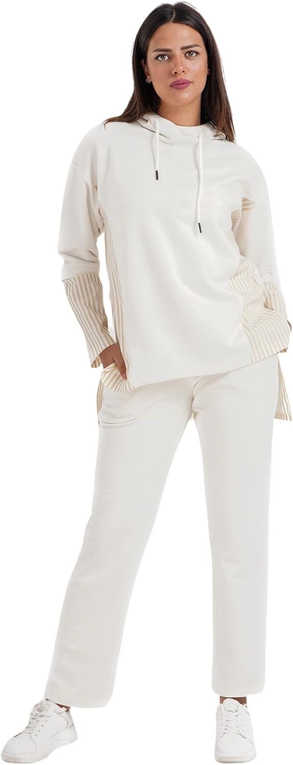 CARINA Women's Two-Tone Striped Hooded Sweatshirt & Straight-Leg Pants Loungewear (Pack of 1)