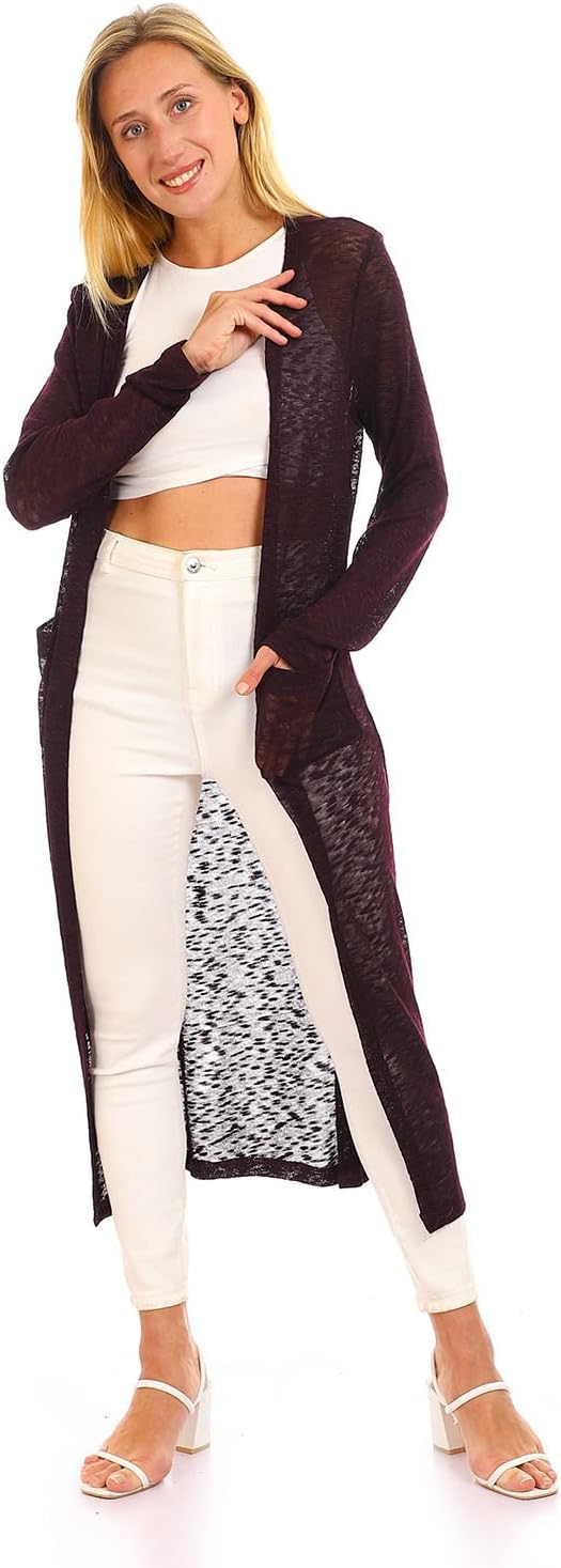 JAMILA Women's Self-Patterned Long Cardigan with Open Neckline