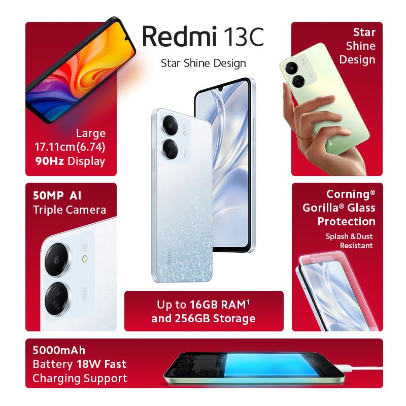 هاتف Redmi 13C الذكي (ذاكرة وصول عشوائي 4 جيجابايت، سعة تخزين 128 جيجابايت) - معالج 4G MediaTek Helio G85 | شاشة 90 هرتز | كاميرا ثلاثية AI بدقة 50 ميجابكسل - ضمان محلي لمدة عام