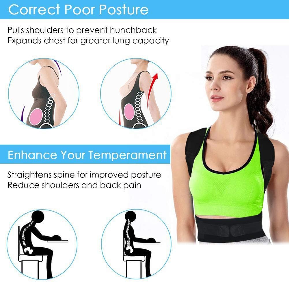 Thoracic Back Brace Posture Corrector - Magnetic Support for Neck, Shoulder, Upper and Lower Back Pain Relief - Fully Adjustable Belt (Black, Medium)