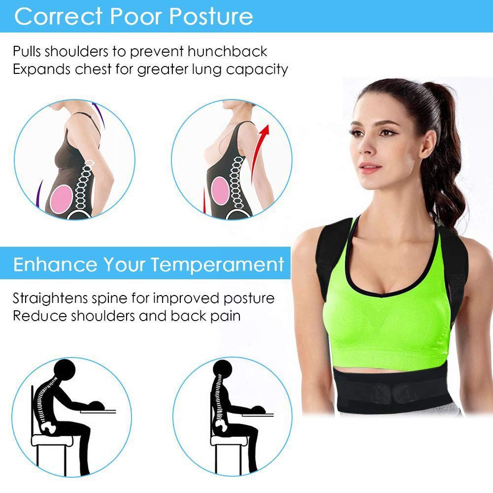 Thoracic Back Brace Posture Corrector - Magnetic Support for Neck, Shoulder, Upper and Lower Back Pain Relief - Fully Adjustable Belt (Black, Large)