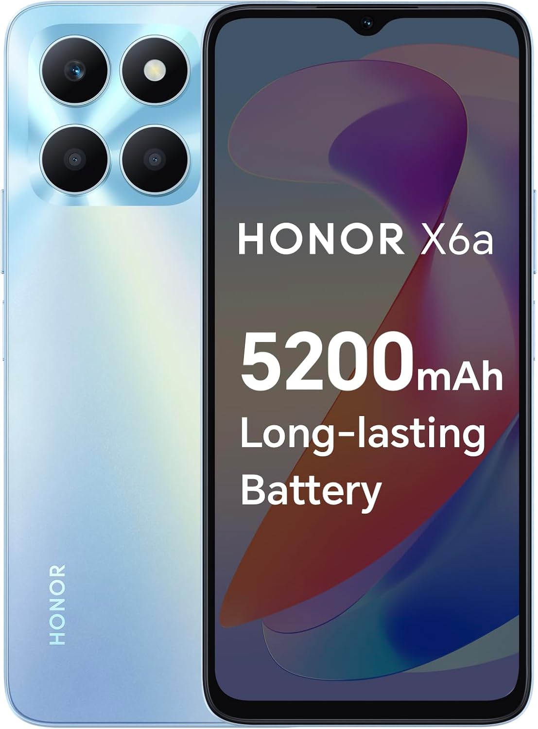 هاتف HONOR X6a مفتوح للاستخدام، شاشة 6.5 بوصة 90Hz FullView، 4GB+128GB، بطارية 5200 مللي أمبير طويلة الأمد، كاميرا ثلاثية 50MP، أندرويد 13، فضي سماوي