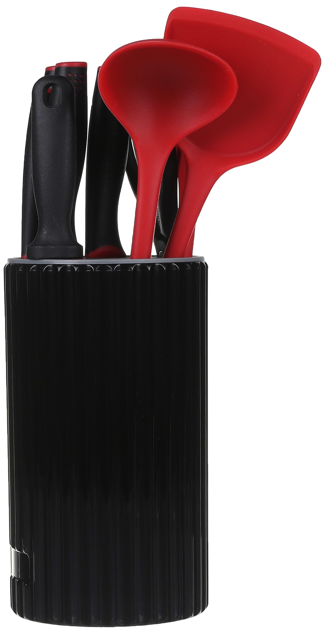 BB Silicone Hand Dispenser Set with Plastic Handle, Stainless Knives, Scissors, and Sharpener - 10 Pcs with Plastic Holder (Red & Black)