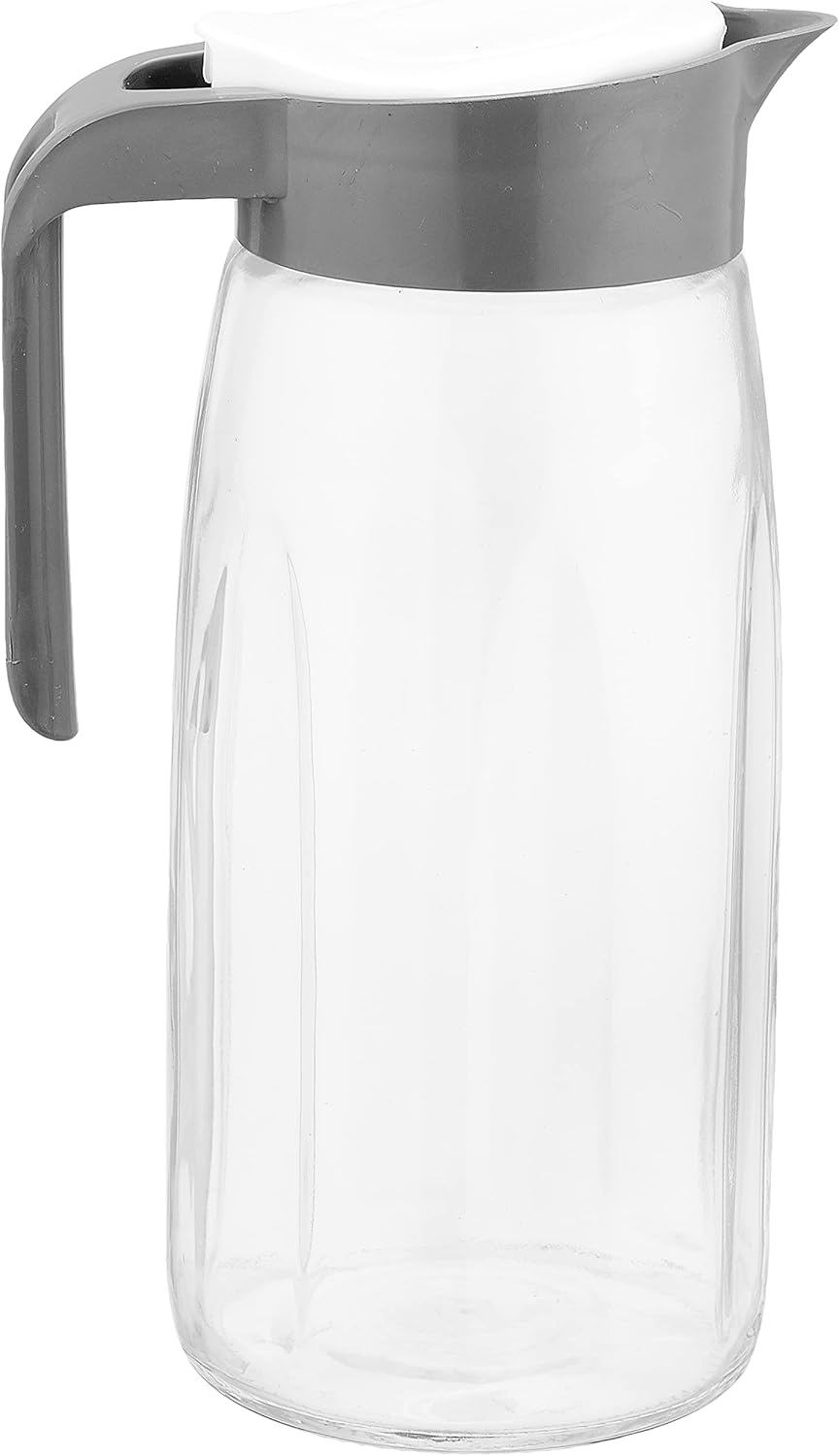 Round Beveled Glass Jug with Plastic Lid (1450ml) - White/Grey