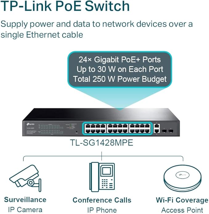 محول الشبكة TP-Link TL-SG1428PE مُدار مع إيثرنت جيجابت (10/100/1000) أسود، 1U مع دعم الطاقة عبر الإيثرنت (PoE)