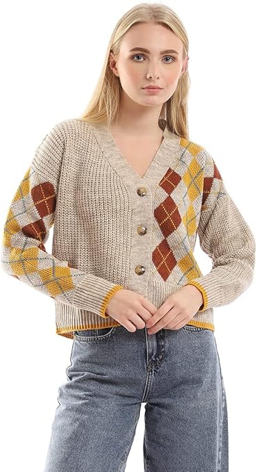 Ravin Women's Argyle Knitted Buttoned Cardigan - Style 96327