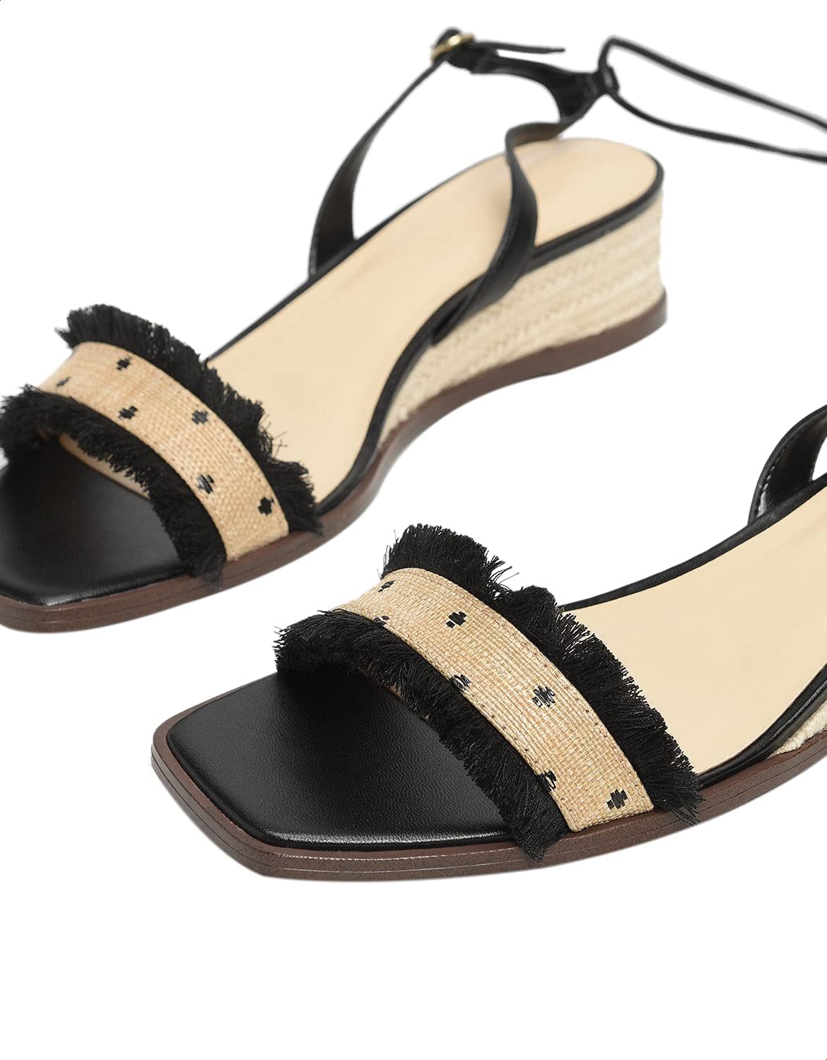 CHARLES & KEITH Women’s Faux Leather Wedge Sandals with Ankle Wrap and Raffia Fringe Detail