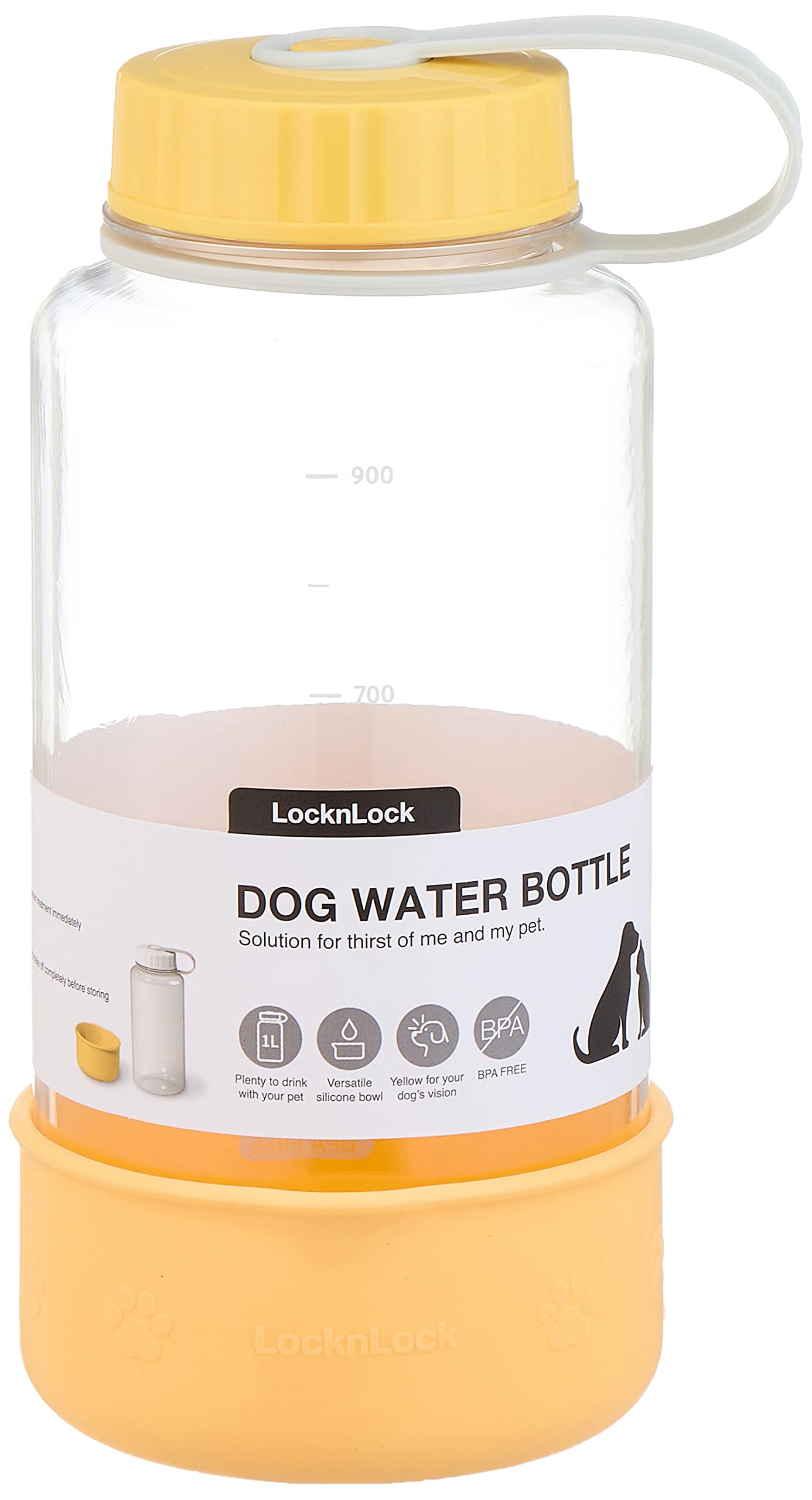 LocknLock Dog Water Bottle 1L with Yellow Lid and Yellow Silicone Bowl