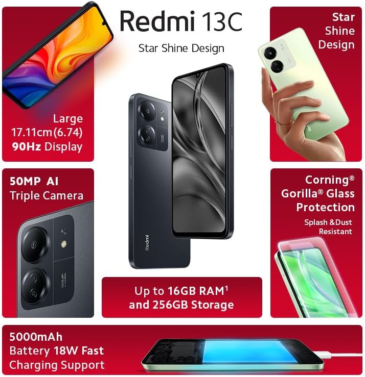 هاتف Redmi 13C الذكي (ذاكرة وصول عشوائي 4 جيجابايت، سعة تخزين 128 جيجابايت) - معالج 4G MediaTek Helio G85 | شاشة 90 هرتز | كاميرا ثلاثية AI بدقة 50 ميجابكسل - ضمان محلي لمدة عام