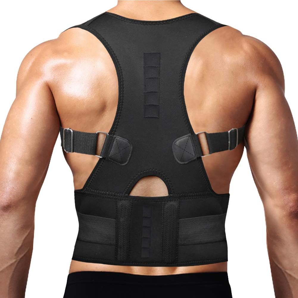 Thoracic Back Brace Posture Corrector - Magnetic Support for Neck, Shoulder, Upper and Lower Back Pain Relief - Fully Adjustable Belt (Black, Medium)