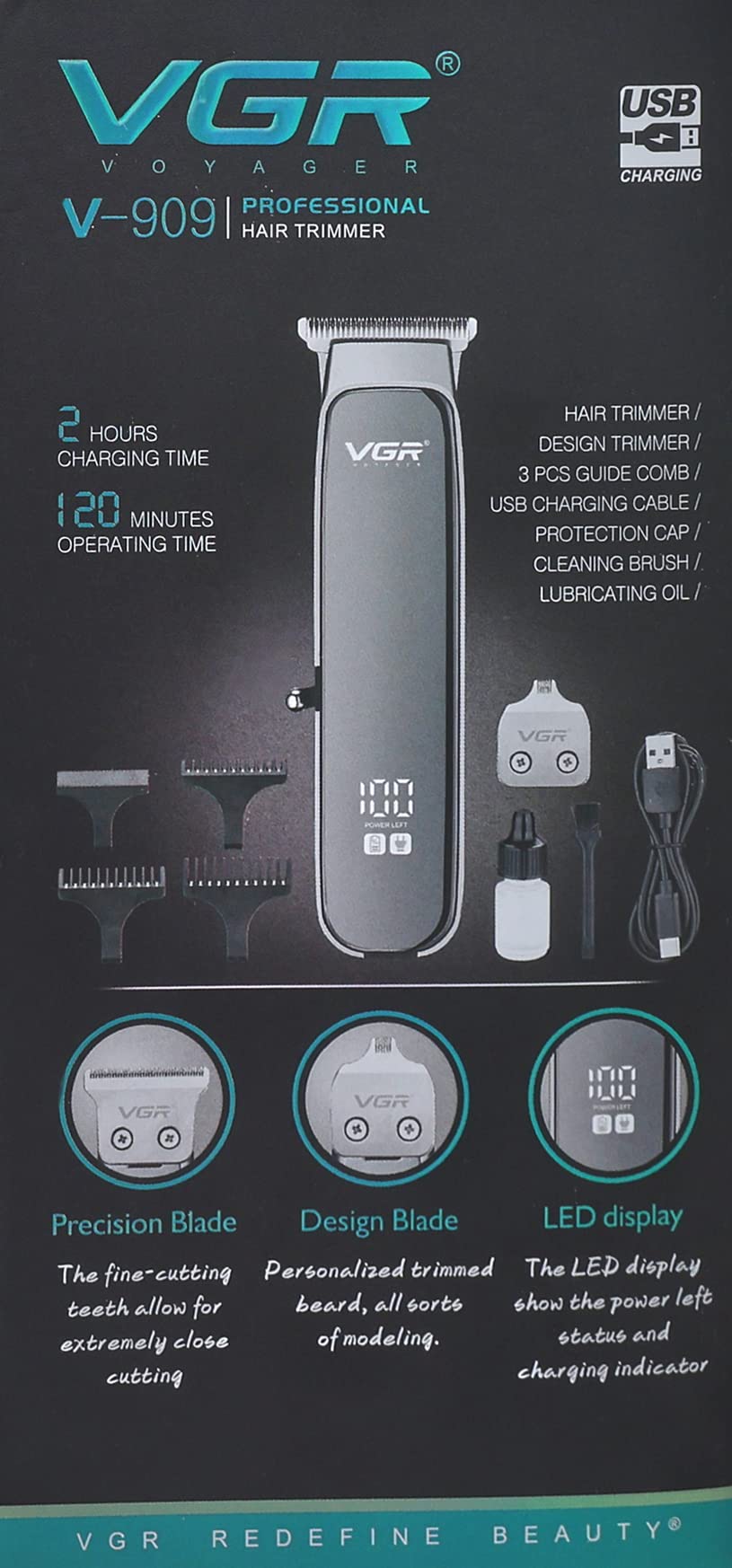 VGR V909 Men’s Barber Salon Clipper | USB Rechargeable Electric Grooming Kit