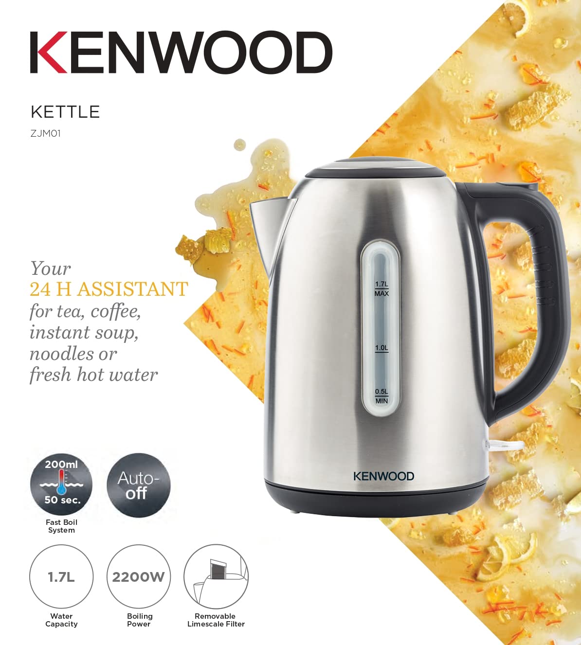 Kenwood Stainless Steel Cordless Kettle, 2200W, 1.7L Capacity