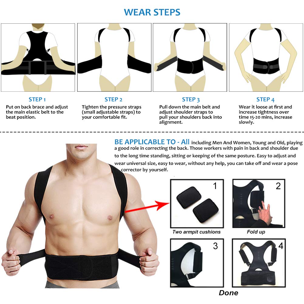 Thoracic Back Brace Posture Corrector - Magnetic Support for Neck, Shoulder, Upper and Lower Back Pain Relief - Fully Adjustable Belt (Black, Large)