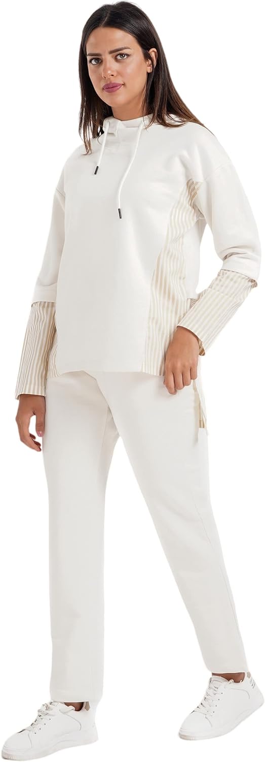 CARINA Women's Two-Tone Striped Hooded Sweatshirt & Straight-Leg Pants Loungewear (Pack of 1)