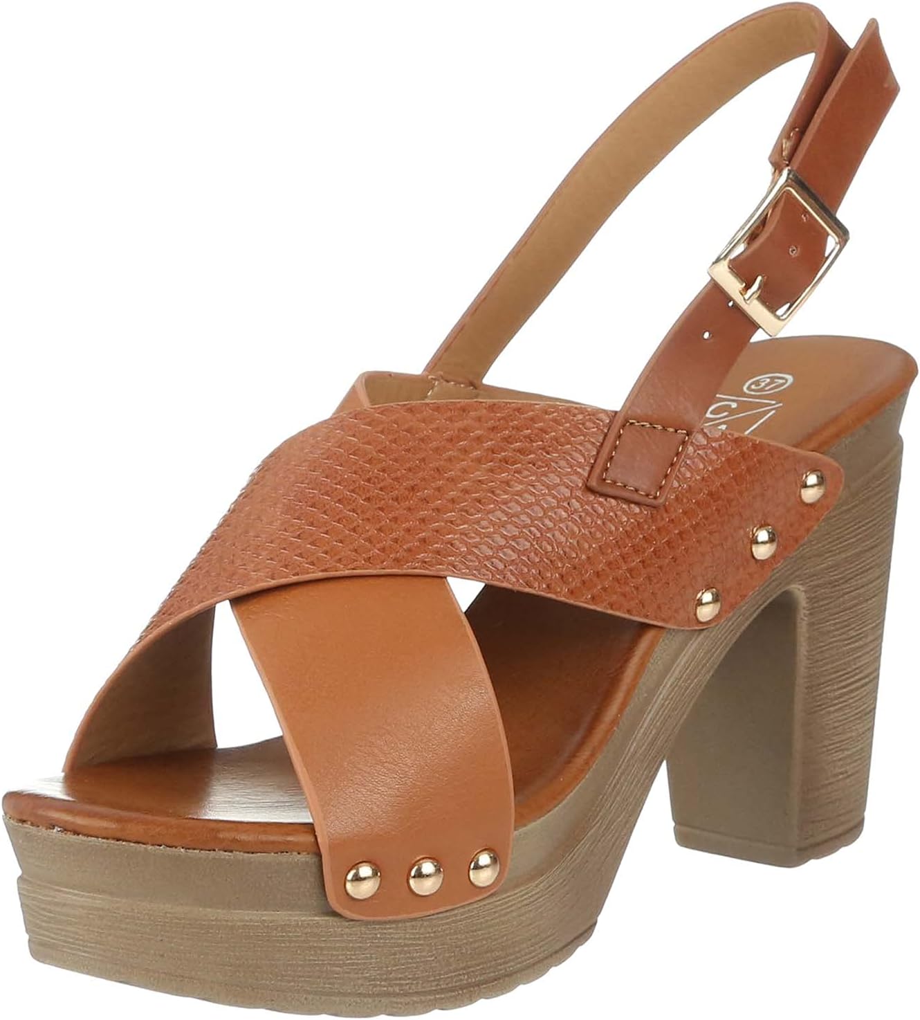 Club Aldo Women’s Embossed Leather Cross-Strap Slingback Chunky-Heel Sandals