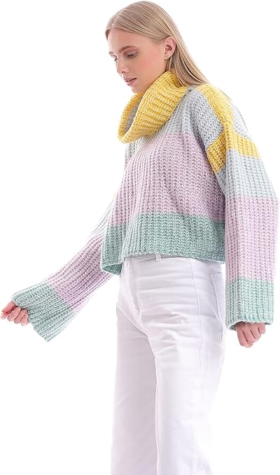 Ravin Women's Colorful Chunky Knit Turtle Neck Cropped Pullover - Multicolour (Style 96300)