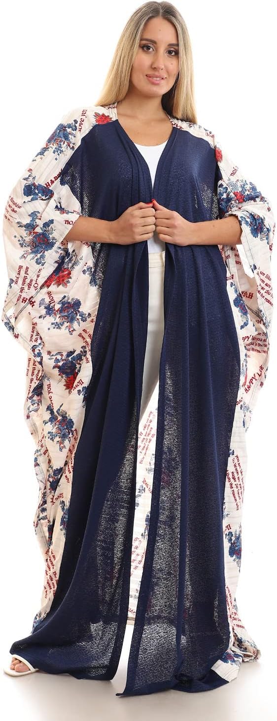 JAMILA Women's Short Sleeves Slip-On Self-Printed Long Kimono Robe