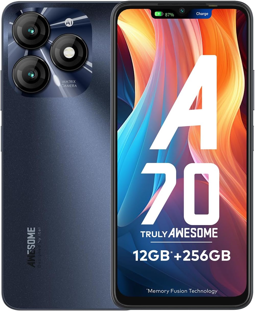 itel A70 | 4+8GB RAM + 256GB ROM | 13MP Dual Rear Camera & 8MP Front Camera | 5000mAh Battery with Type-C Charging | Dynamic Bar | Side Fingerprint Sensor | Octa-Core Processor | Starlish Black