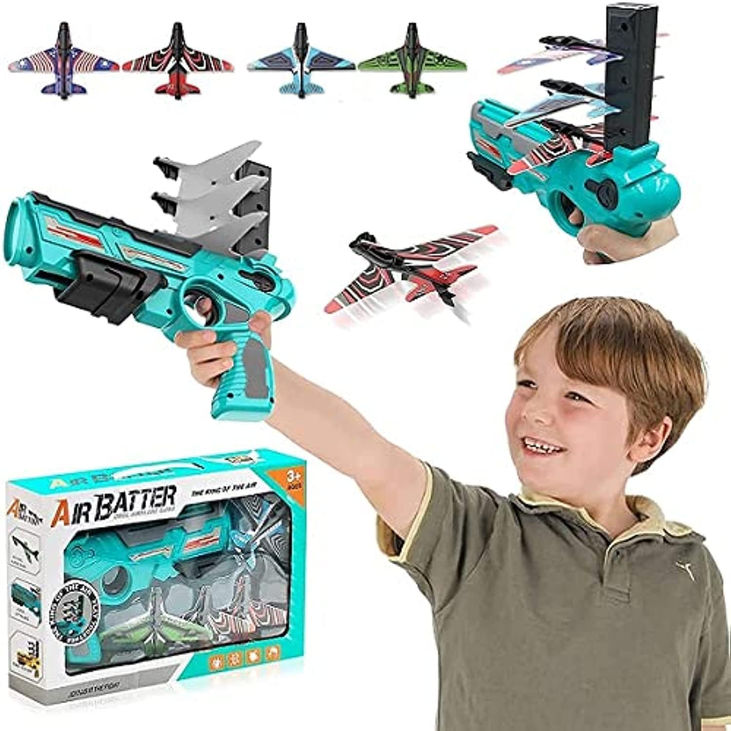 Generic One-Button Ejection Foam Airplane Toy with 4 Gliding Launchers, Blue