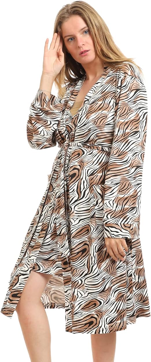 Kady Women Spaghetti Strap Zebra Print Short Nightgown with Robe