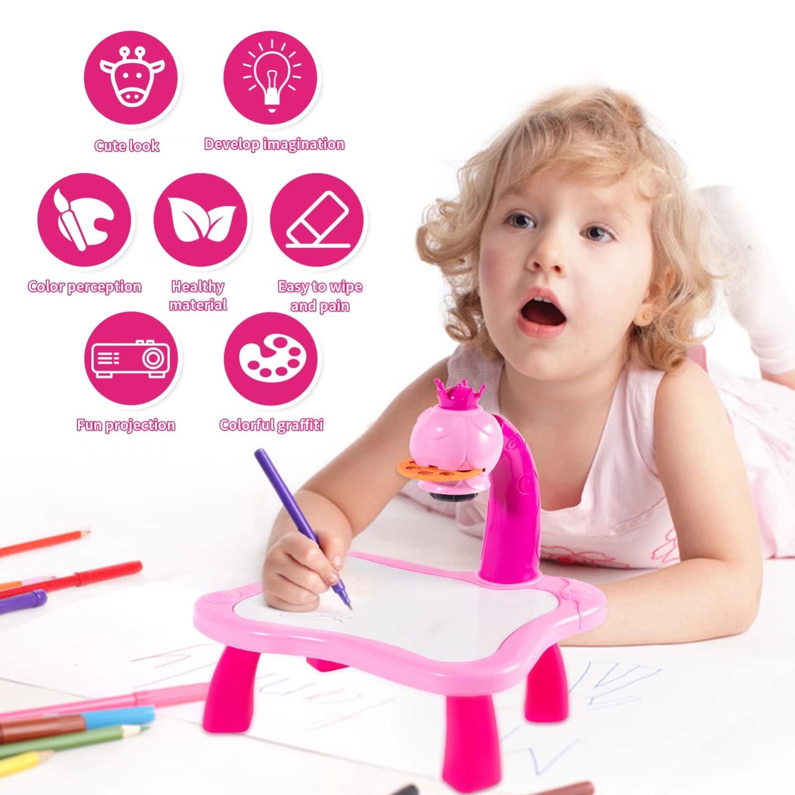 Drawing Projector for Kids - Trace and Painting Board with Light & Music, Smart Sketcher for Early Learning, Pink LED Art Desk for Boys and Girls Aged 3-8