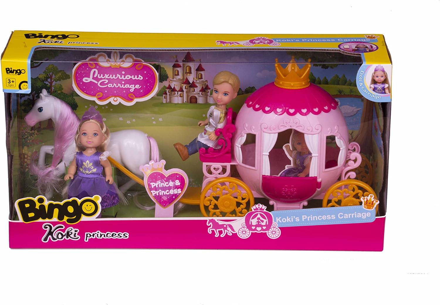 Bingo Koki Princess Doll with Carriage, 3 Pieces - Multi Color